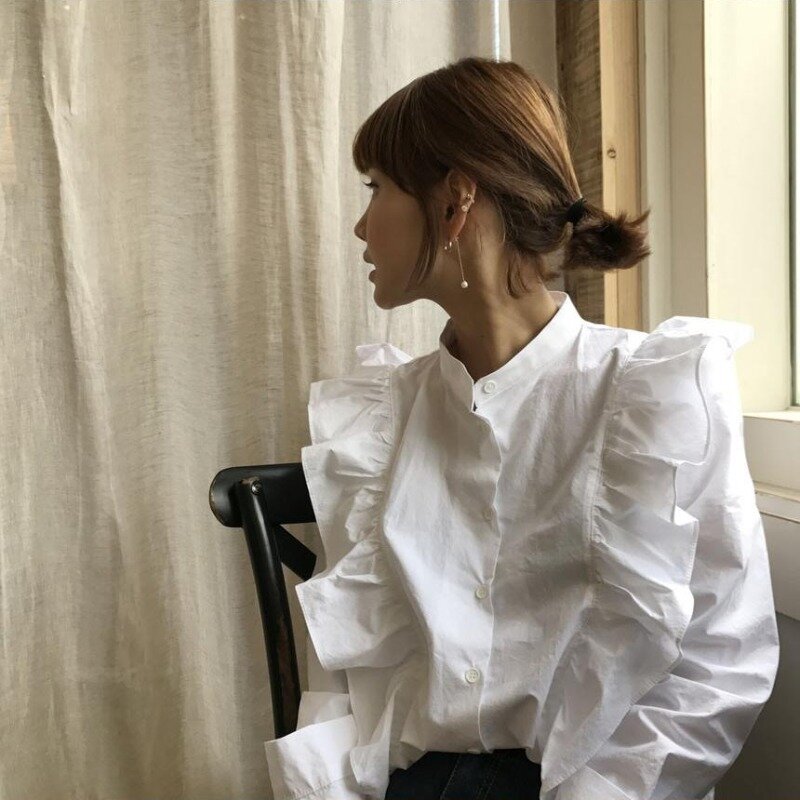 Korean Chic French Minority Sweet Single-Breasted Court Retro Girl Pleated Fungus Long Sleeve Shirt Top