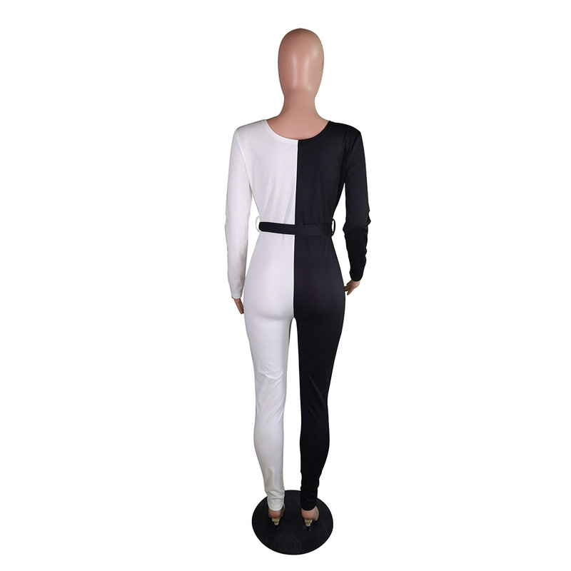 Sexy Long Sleeve Ladies Jumpsuits Black White Patchwork Skinny Romper Club Outfits for Women 2021 New Spring Female Clothes