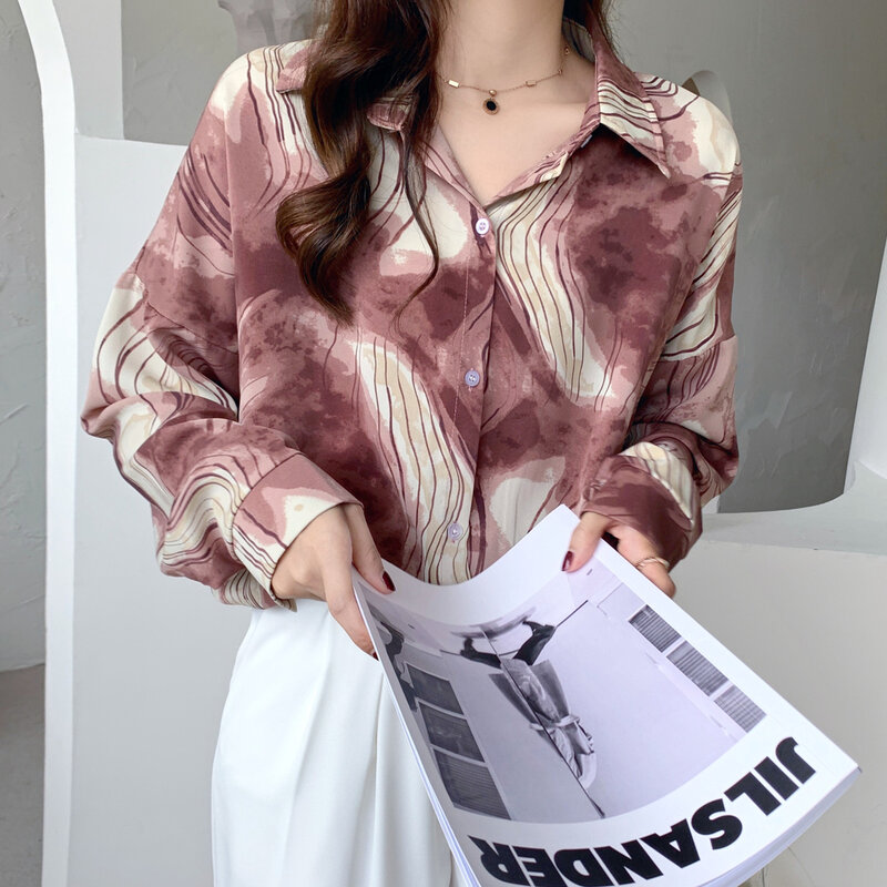 Женская рубашка с длинным рукавом, универсальная Свободная блузка с принтом тай-Дай, весна-лето 2021