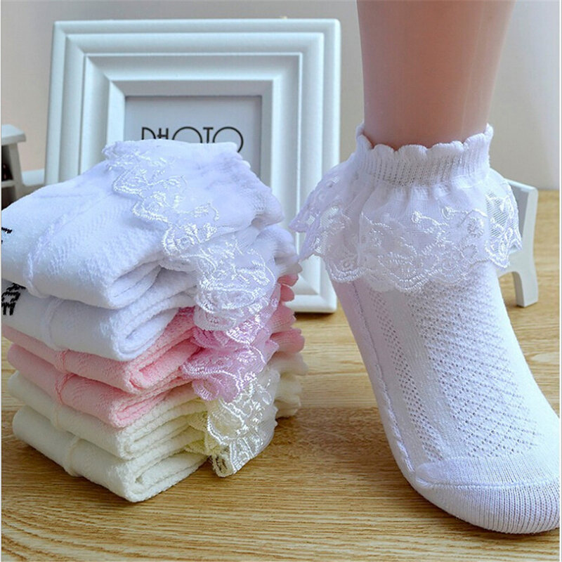 Meias de malha para crianças, meias respiráveis de algodão com renda plissada de princesa para o tornozelo, meias curtas brancas rosa amarelas