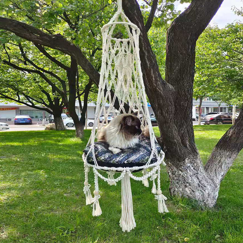 Bohemian Style Handmade Cotton Rope Woven Tapestry Cat Hanging Basket Swing Cat And Dog Cotton Woven Pet Cat Hanging Basket