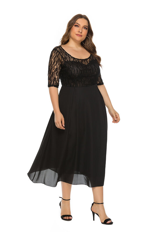 JHBeute ผู้หญิงแฟชั่น Lace Evening Dress Elegant ครึ่งแขนสั้นหลวมผู้หญิง Party Dress Plus ขนาด Chic Tunic Robe