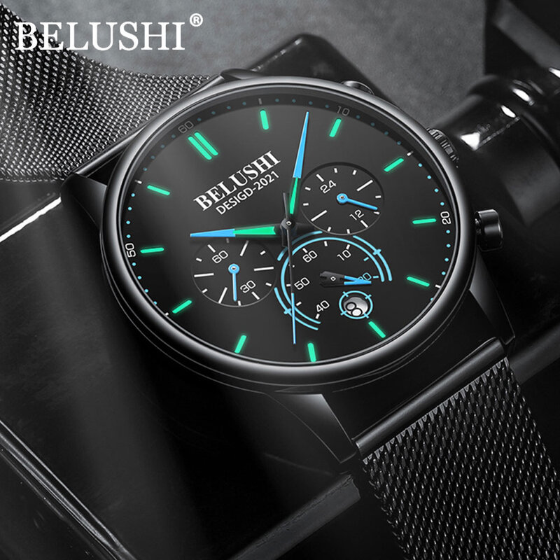 BELUSHI นาฬิกาแบรนด์หรูผู้ชายที่มีชื่อเสียงนาฬิกาชายนาฬิกาสีดำ Ultra Thin มิลานเข็มขัดสแตนเลสสตีลคว...