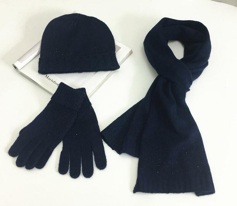 Nuevo conjunto de tres piezas de lana para mujer, superventas, conjunto de guantes para Otoño e Invierno de punto de lana, cálido gorro bufanda