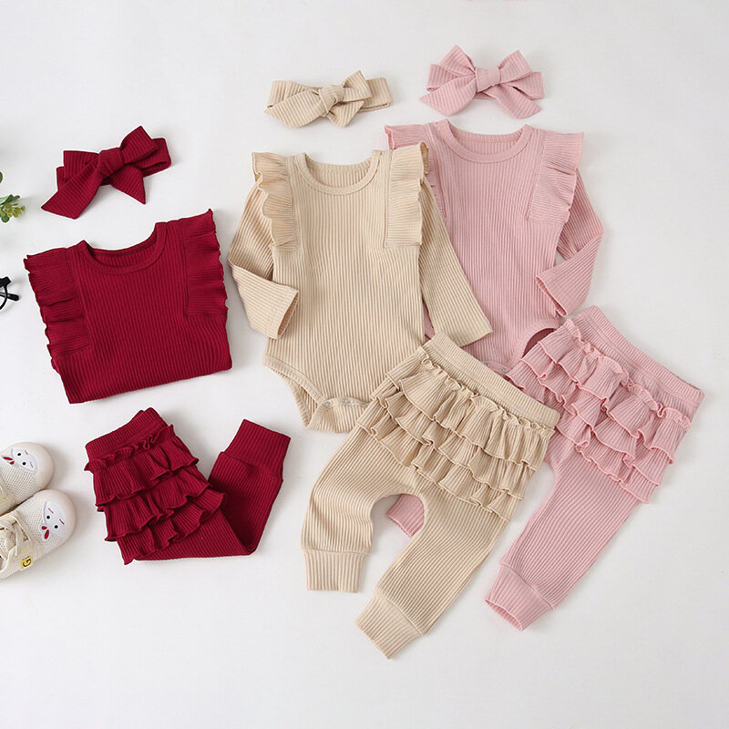 Conjunto de ropa para niña recién nacida, Pelele de manga larga con volantes, Top y pantalones largos, trajes de 3 piezas con diadema, otoño y primavera