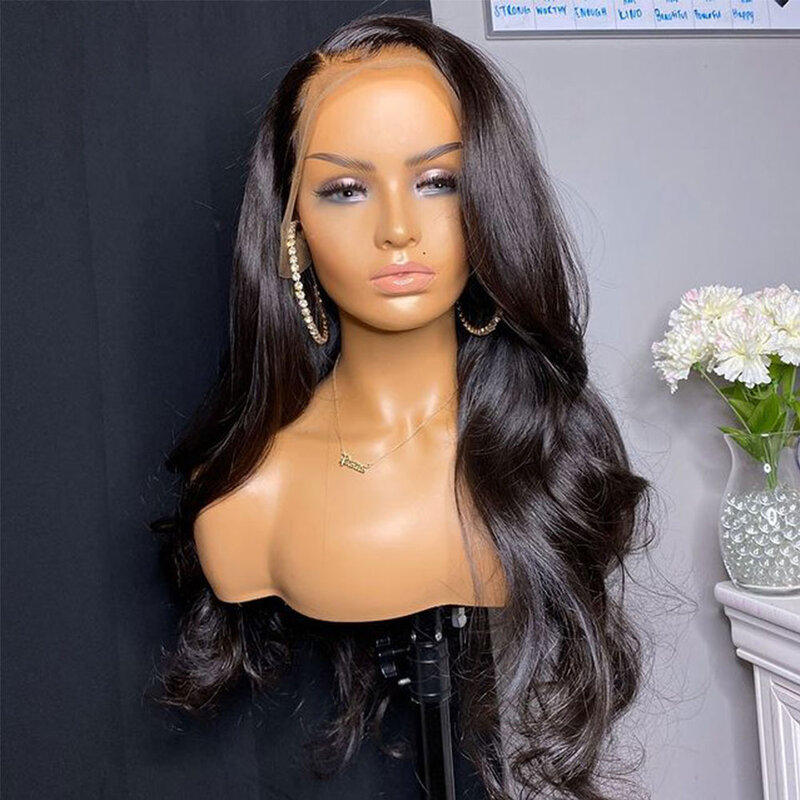 26 Inch Long Black Body Wave Synthetic Lace Front Wig For Women With Babyhair Preplucked Daily Wear Wigs 180% Density Cosplay