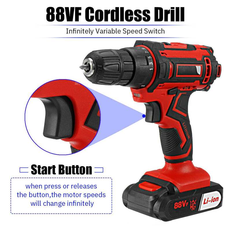 Drillpro 88VF Cordless Drill Electric Screwdriver 25+1 Torque Wireless Power Driver Power Tools With 1/2 pcs Lithium-Ion Battery