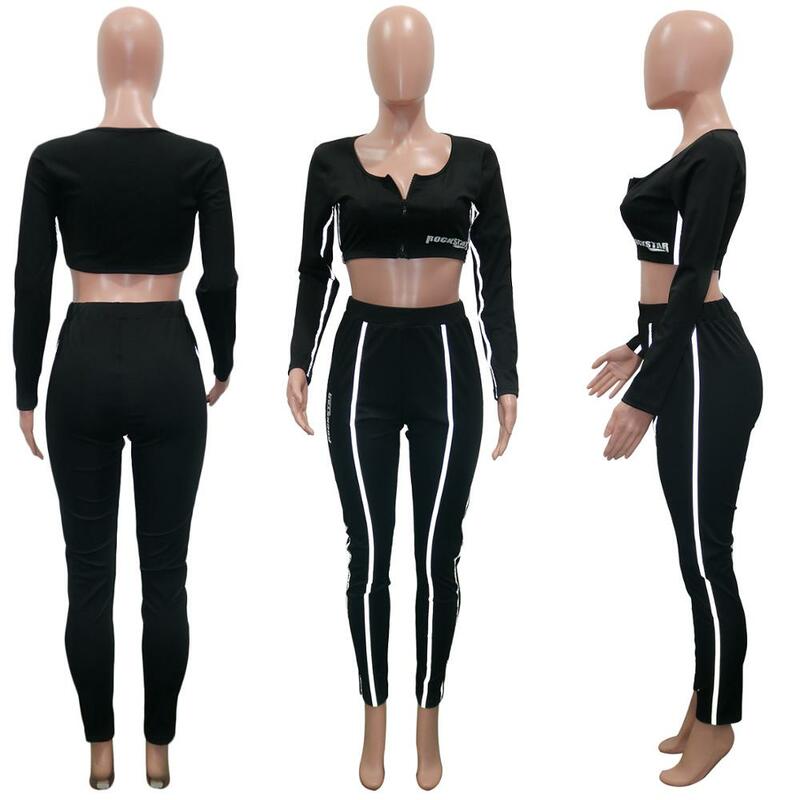 Casual Women Tow Piece Sets Fashion Reflective Active Wear Tracksuit Letter Print Long Sleeve Crop Top and Legging Matching Set