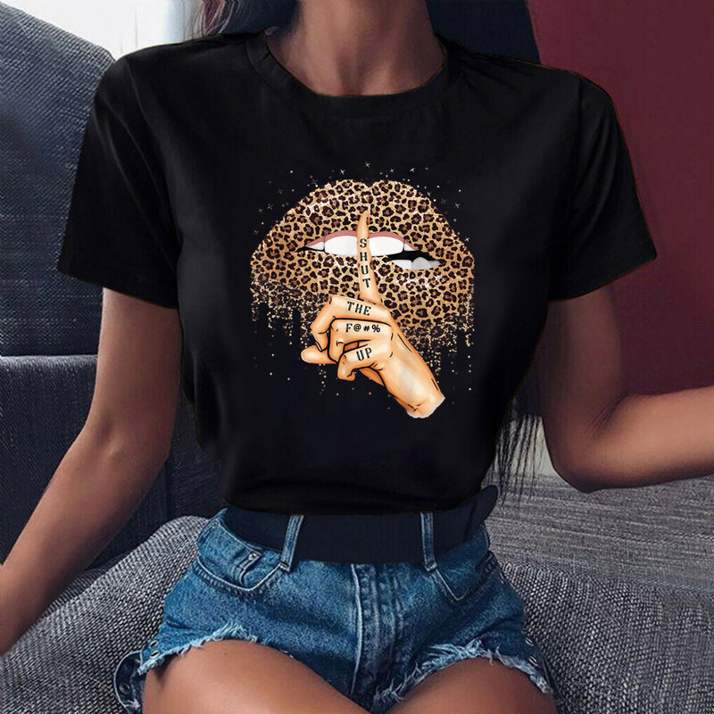 ZOGANKIN Kaus Fashion Musim Panas Kaus Grafis Motif Macan Tutul Bibir Kaus Leher O Dasar Atasan Wanita Kaus Anak Perempuan Lucu Bibir Macan Tutul Ciuman