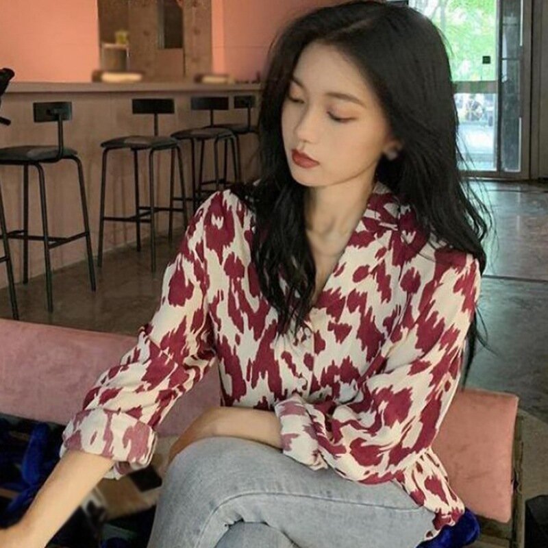 Koreański styl kobiety bluzki Sexy wzór w cętki bluzki z długim rękawem szyfonowa koszula luźne lato topy Femme topy kobiety 2021