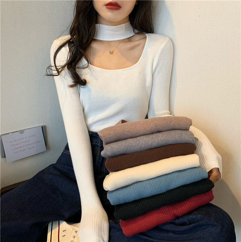 Malhas femininas cor sólida oco pendurado pescoço camisola pulôver fino ajuste mangas compridas design de moda outono inverno streetwear