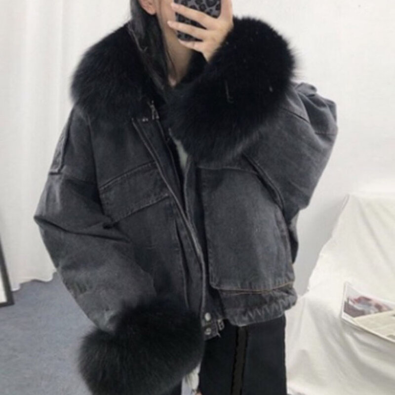 2021 inverno do falso pele denim jaqueta feminina moda destacável acolchoado jaquetas de grandes dimensões casual engrossar lã warmness jean casacos