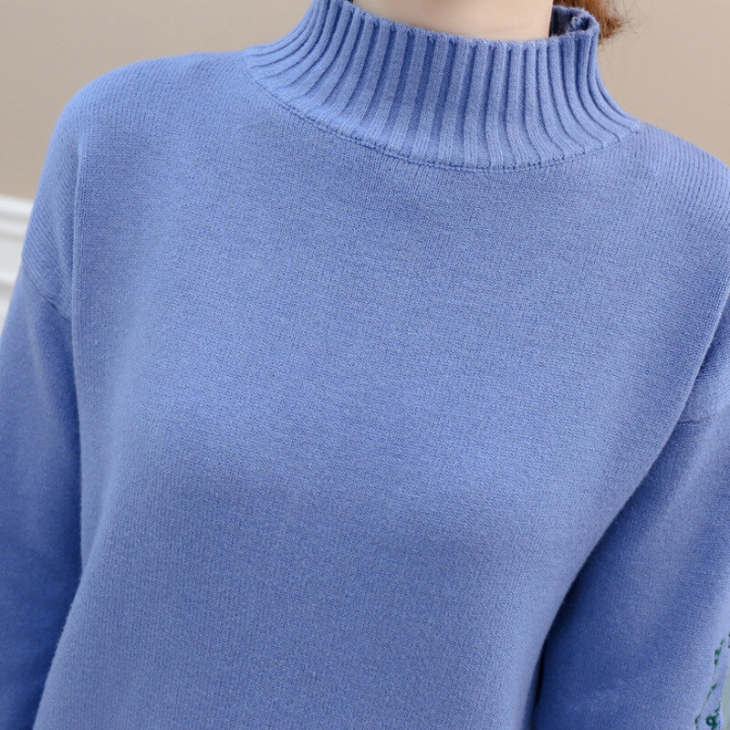Wanita Pullover Longgar Bordir Rajutan Warna Solid Lengan Panjang Jumper Streetwear Sweater Tops Pullovers Pakaian Wanita Musim Gugur