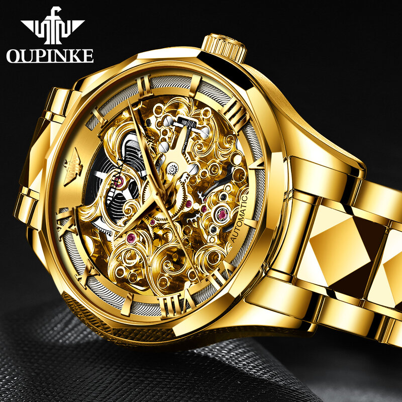 Swiss marca oupinke luxo relógios masculinos relógio de ouro automático negócios aço tungstênio mecânico safira cristal relógio pulso