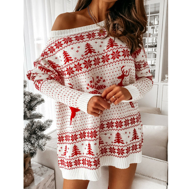 Suéter de punto de manga larga para mujer, vestido de cuello redondo, Jacquard, Navidad, otoño e invierno, nuevo