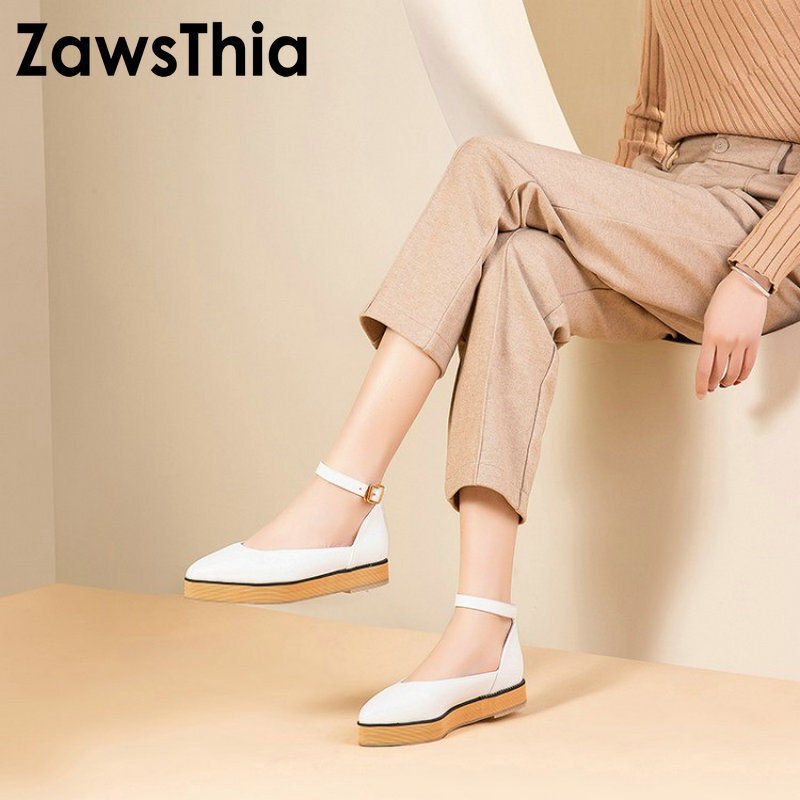ZawsThia สีขาวสีชมพูสีดำ pointed Toe ผู้หญิงสบายๆแพลตฟอร์มรองเท้าพร้อมสายคล้องคอผู้หญิง Mary Janes รองเท้าขน...