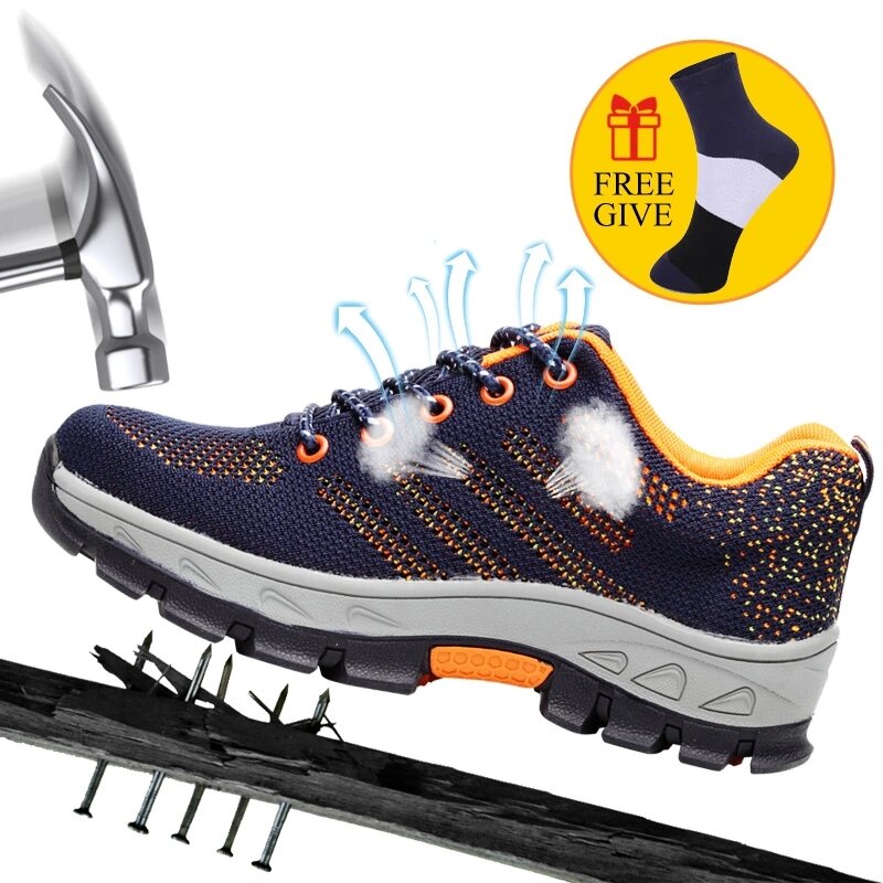 Tênis de segurança masculino, bota respirável de aço para segurança do trabalho, calçado anti-derrapante de aço para construção