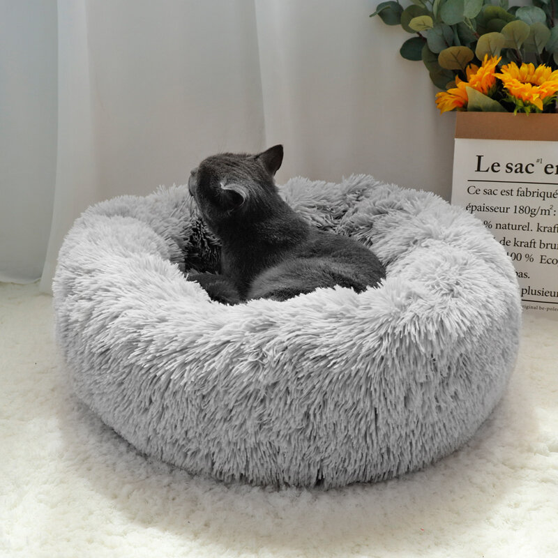 Warna Murni Bulat Mewah Tempat Tidur Anjing Kotoran Kucing Lembut dan Berbulu Musim Dingin Tebal Hangat Pad Perlengkapan Tempat Tidur Hewan Peliharaan Anjing Menengah dan Besar