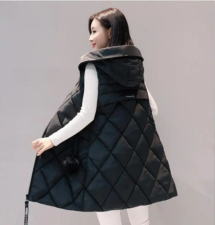 Mais tamanho das mulheres com capuz longa seção colete casacos tamanho grande inverno outono sem mangas algodão acolchoado jaquetas quentes k1194
