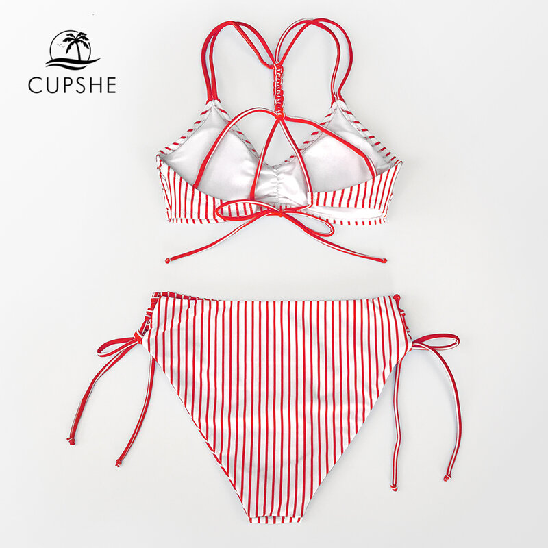 CUPSHE-섹시한 레드 화이트 스트라이프 끈 비키니 세트, 양면 하단 수영복, 2 피스 수영복, 여성 비치 수영복, 2021
