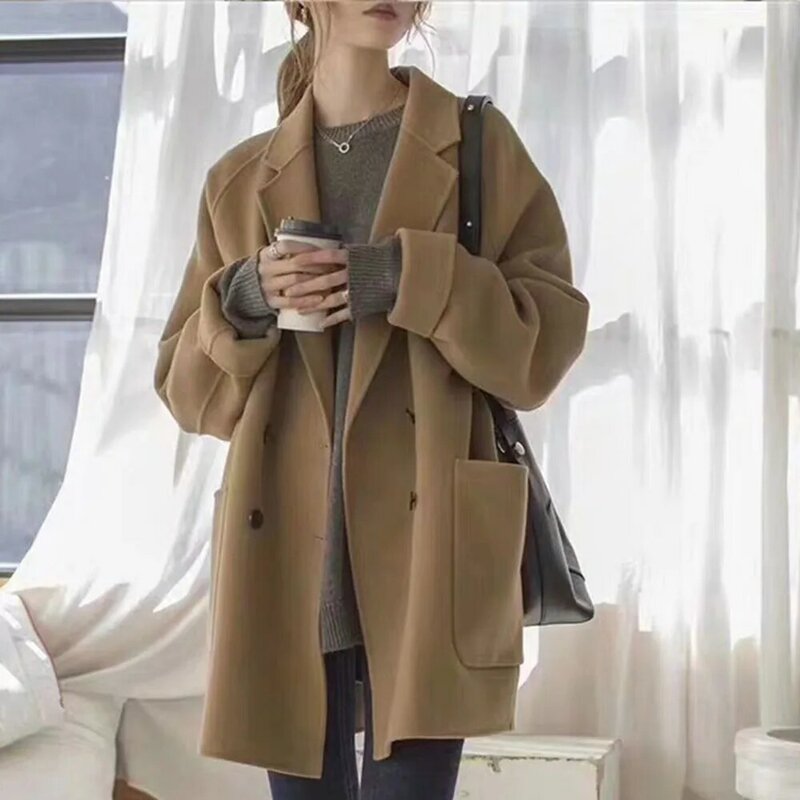 Women Autumn Coat New Mid Length Loose  Long Sleeve Solide Color Button Pocket Casual Simple Elegant Coats Female Winter 2021