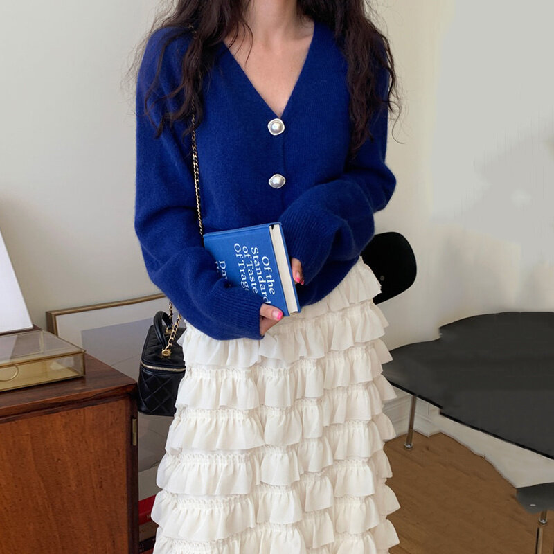 Cardigan para mulheres coreano chique outono com decote em v pérola malha cardigan camisola de cintura alta em camadas bolo saia