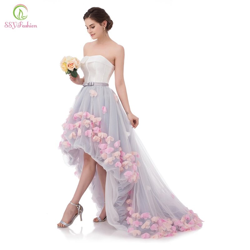 Liquidazione SSYFashion Sexy senza spalline senza maniche corto anteriore lungo posteriore pizzo fiore abito da sera sposa abiti da cerimonia formale abiti