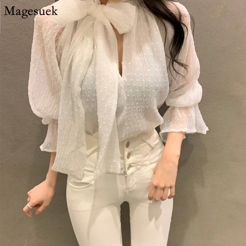 Camisa feminina casual e folgada de renda, camisa para mulheres, branca de chiffon, plus size, primavera 13413