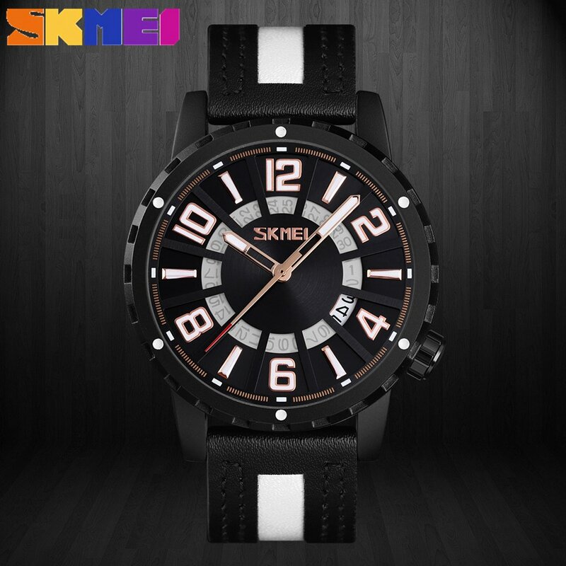 Skmei esporte relógio de quartzo masculino moda dial 3bar à prova d3água colorido pulseira de couro exibição data relogio masculino 9202