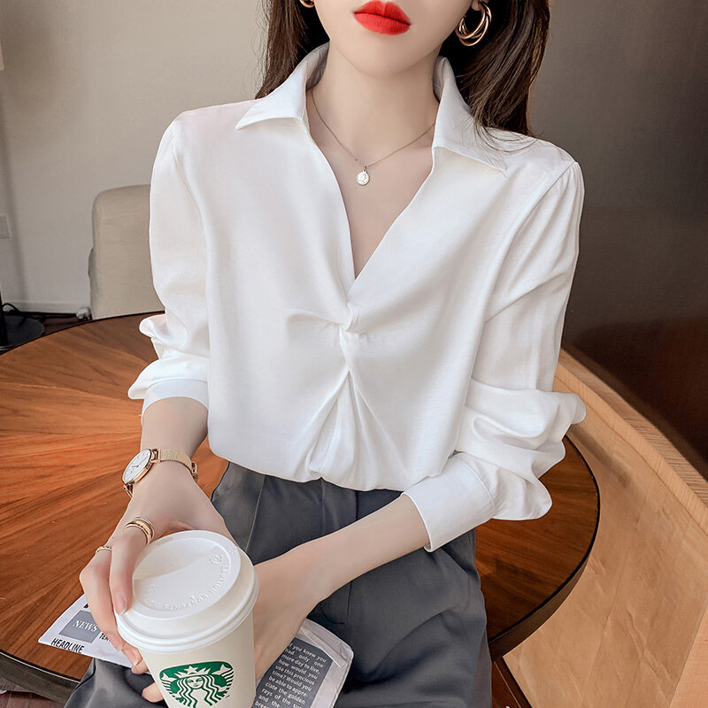 Женская шифоновая блузка в западном стиле, Повседневная рубашка с длинным рукавом и V-образным вырезом, шелковая рубашка из полиэстера, весн...
