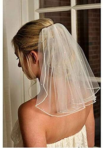 Voile de mariée court pour femmes, avec peigne, Appliques en dentelle, perles, 2023