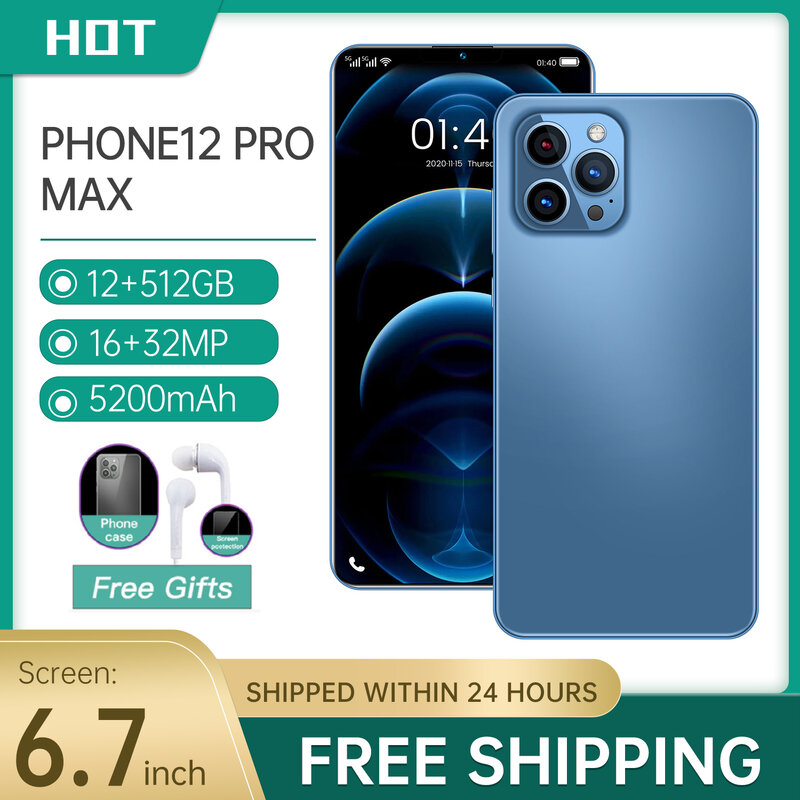 Phone i12 Pro Max 6.7“ Dual SIM 5G Smartphones Andriod10 Snapdragon888 12GB RAM 512GB ROM 32MP 5200mah Mobile Cellphone