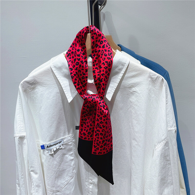 女性用ロングモスリンスカーフ,100x6cm,花柄,ロマンチックなヒョウ,白,赤,絹のようなネクタイバッグ,トレンディ