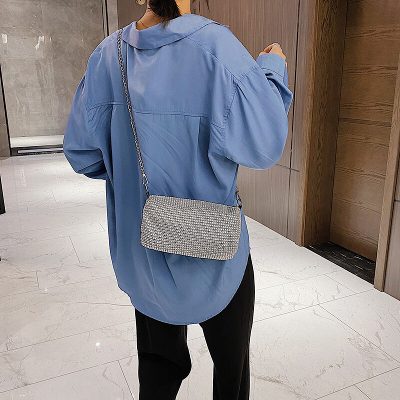 Moda Rhinestone Crossbody torba klasyczna tekstura kreatywny delikatny Design Chic kobiety błyszczący łańcuch wieczorne sprzęgło torba na ramię