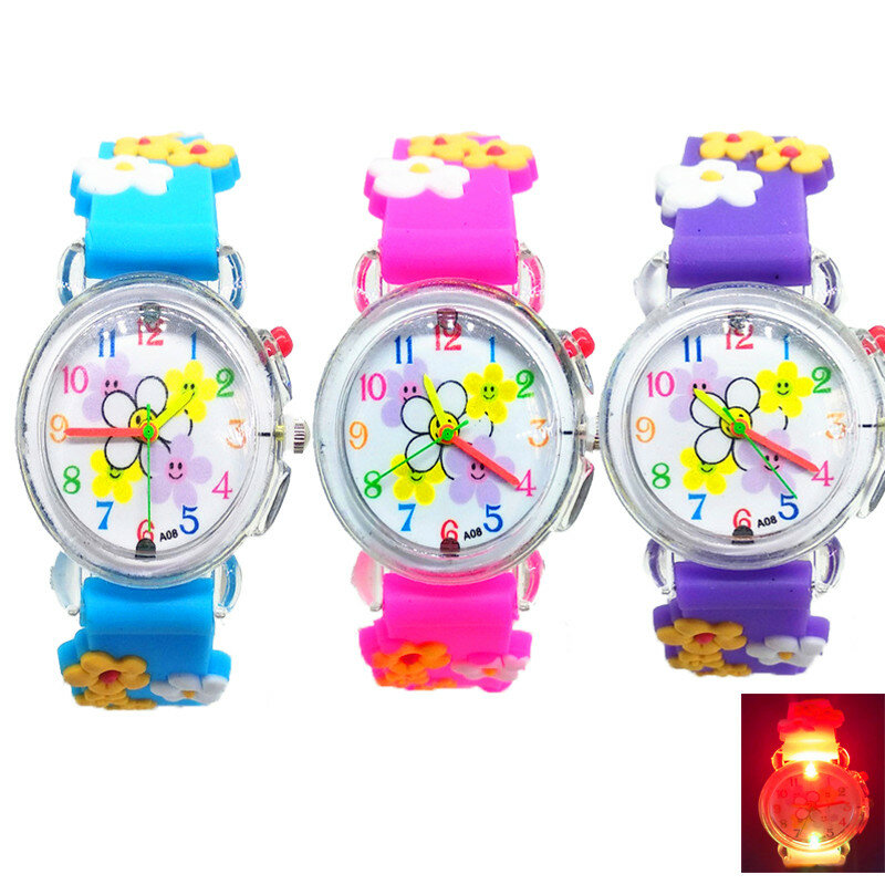 글로우 완구 파티 선물 꽃 빛나는 여러 가지 빛깔의 어린이 시계 플래시 LED 조명 시계 어린이 팔찌 만화 소녀 Reloj