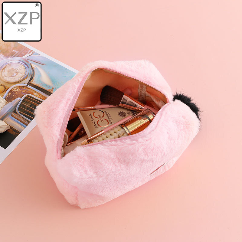 Xzp pele macia saco de cosméticos grande capacidade de armazenamento saco de viagem multi-função menina de pelúcia saco de cosméticos bola de pele decoração zíper
