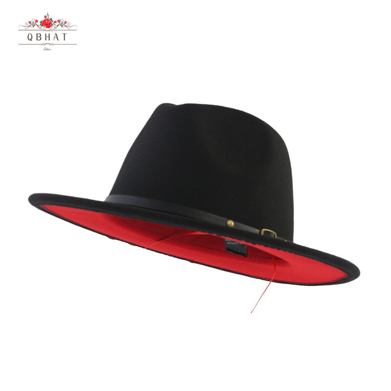 QIUBOSS negro almazuela roja fieltro de lana Jazz Fedora sombreros cinturón hebilla decoración mujeres Unisex Panamá de ala ancha partido sombrero de vaquero