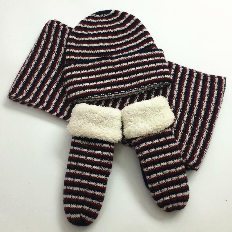 Conjunto de tres piezas de bufanda y guantes para niño, conjunto de bufanda, sombrero y guantes a rayas, Invierno