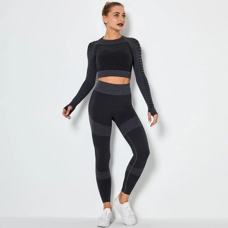 Set Yoga 2 Buah Pakaian Gym Setelan Olahraga Wanita Legging Mulus Atasan Crop Push Up Wanita Lengan Panjang Atasan Pakaian Olahraga