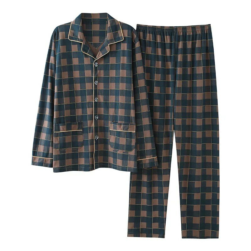 Conjuntos de pijama de algodão para homem outono xadrez pijamas manga longa calças homewear casual loungewear ternos