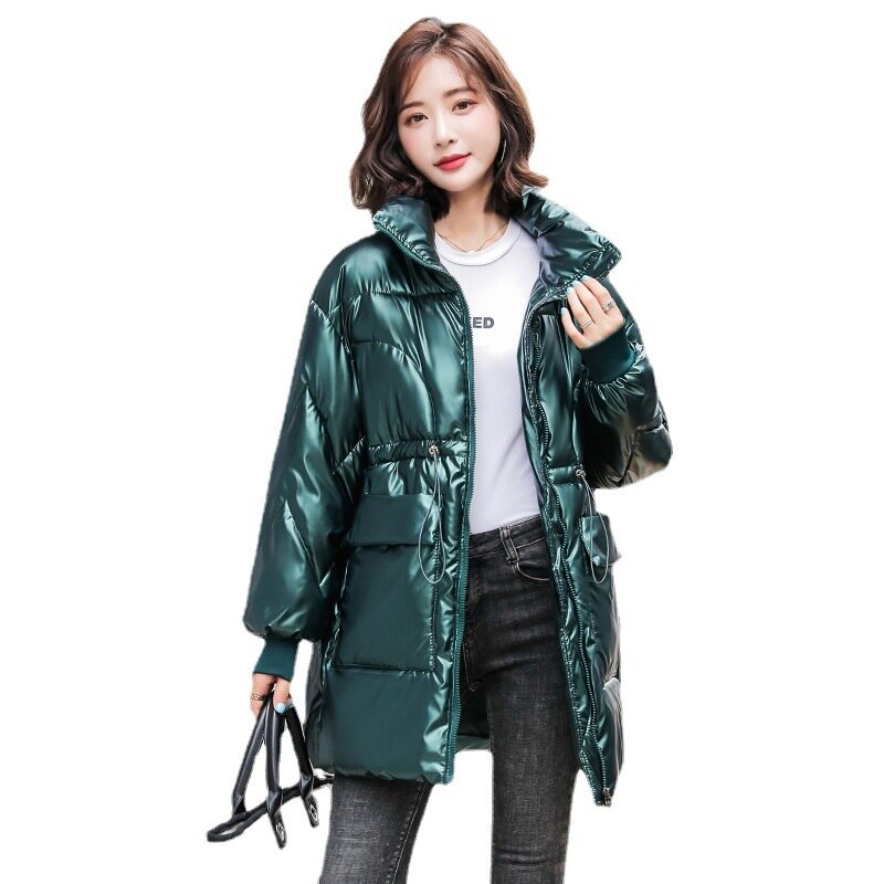 여성을위한 광택 다운 코튼 패딩 자켓 2021 새로운 겨울 의류 한국어 스타일 중간 길이 코튼 패딩 코트 패션
