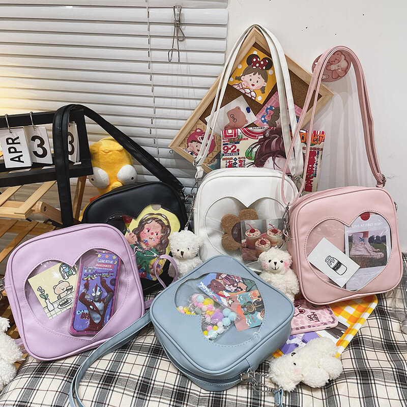 Nette Mädchen Pu Platz Tasche Transparent Damen Liebe Crossbody-tasche Kawaii Lolita Schulter Tasche Frauen Japanischen Stil Cartoon Handtasche