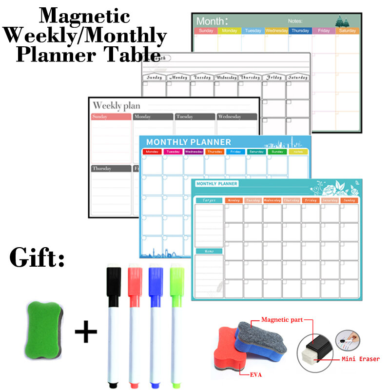 Tabla planificador mensual semanal magnética, pizarra blanca de borrado en seco, pegatina de nevera, tablón de anuncios de 297MM x 420MM, tamaño de regalo, 4 bolígrafos, 1 borrador