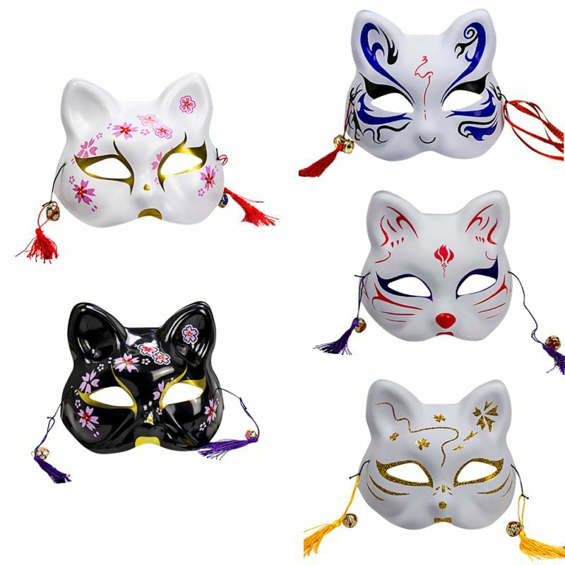 Máscara de zorro japonés con borlas y campana Unisex, Cosplay no tóxico, pintado a mano, 3D, accesorios para disfraces, 2020