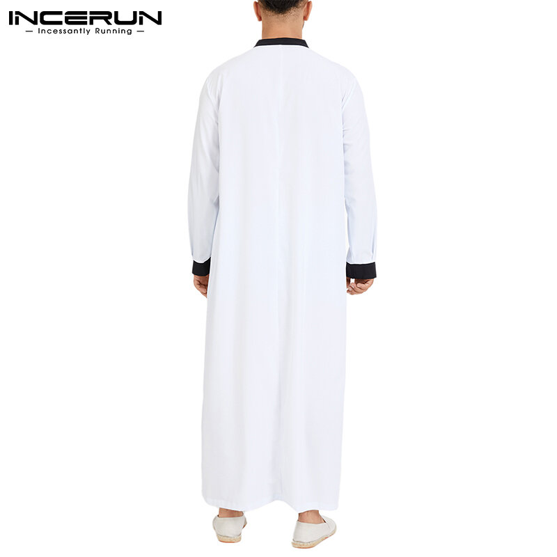 Incerun Mannen Islamitische Arabische Kaftan Moslim Kleding Lange Mouw Patchwork Abaya Robes Mode Saudi Arabië Dubai Mens Jubba Thobe