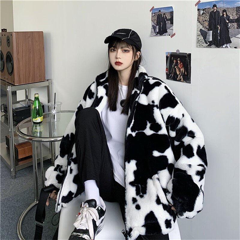 Koreanischen Winter Neue Mode Mantel Harajuku Kühe Druck Lose Volle Hülse Leder Jacke Vintage Flanell Warm Halten Baumwolle Kleidung