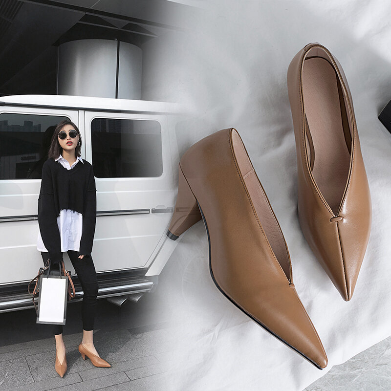 VANGULL-zapatos de piel auténtica para mujer, tacón de gamuza de oveja, punta estrecha, profesional, para oficina