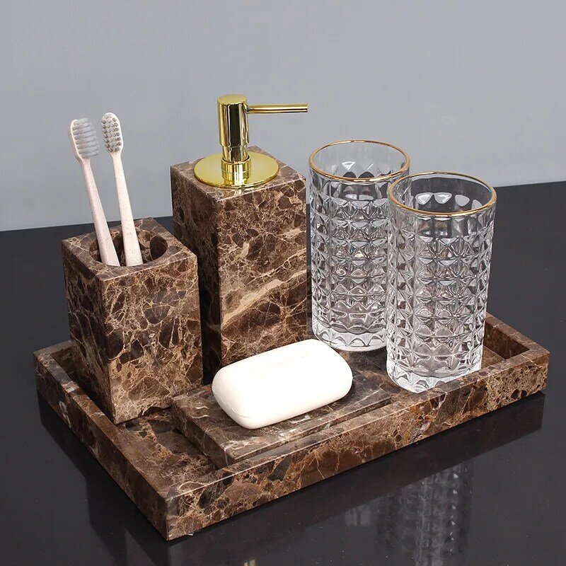 Knikkers Badkamer Accessoires Set Toiletartikelen Zeep Dispenser/Dish Tandenborstelhouder/Rack Gorgelen Beker Tissue Doos Huwelijksgeschenken