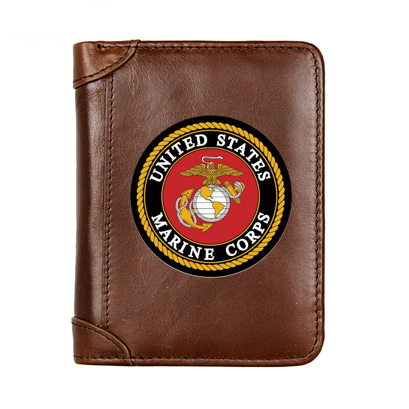 Genuine Leather United States Marine Corps Short Wallet Male Multifunctional Cowhide Men Purse Coin Pocket Photo Card Holder