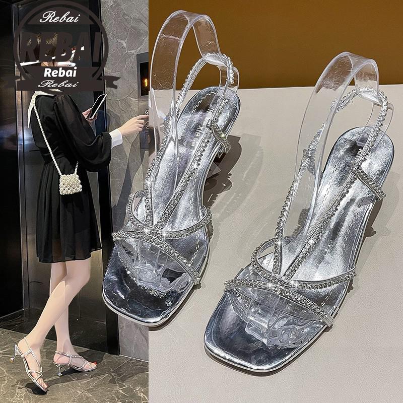 2021 moda Rhinestone z wystającym palcem klamra wysokie obcasy Slingback sandały z paskami kobiety seksowne szpilki wesele buty duży rozmiar